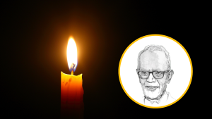 A candle with an inset drawing of a priest