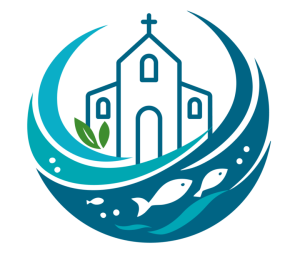 A logo of a church surrounded by water