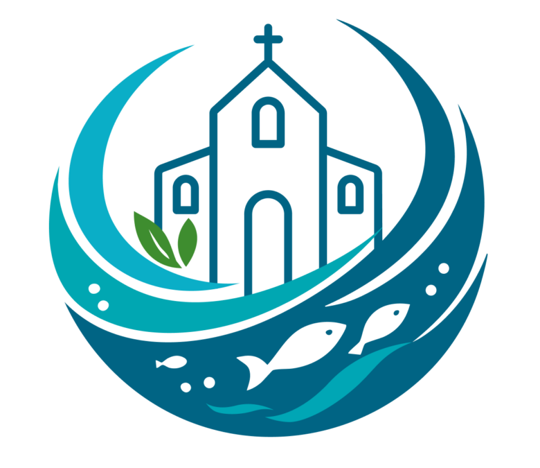 A logo of a church surrounded by water